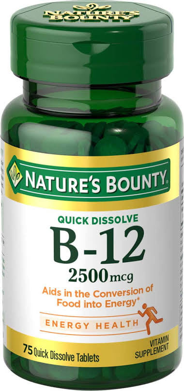 NATURE'S BOUNTY B-12 VITAMIN SUPPLEMENT| 2500mcg|75 TABLETS| BB: 03/2026
